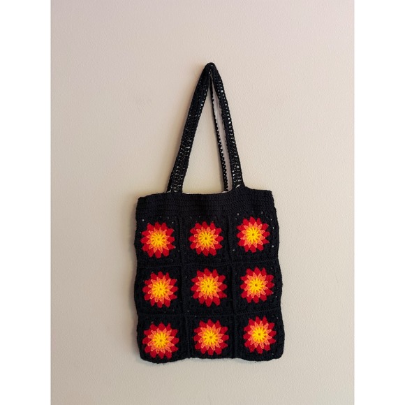 Handmade Handbags - Handmade Crochet Square Tote Bag Black Red‎ Floral Boho Lined Shoulder Bag